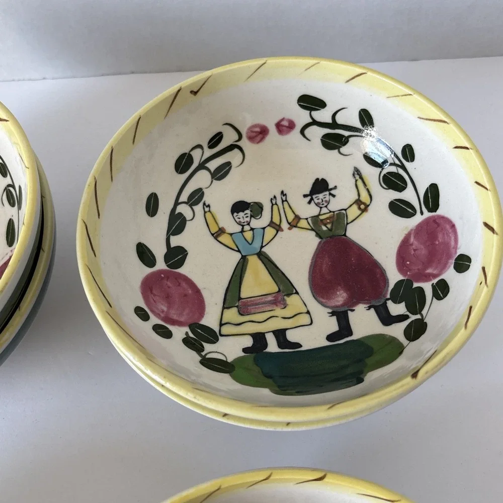 Vintage Pennsylvania Dutch Folk Art 6 Piece Serving Bowls Set Hand Painted